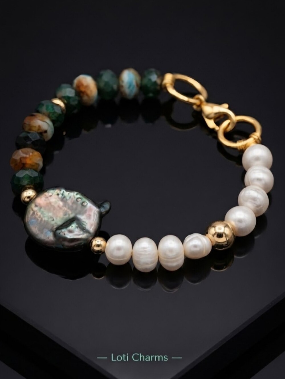 Emerald Glass Beads & Natural Freshwater Pearls In Assymetrical Bracelet